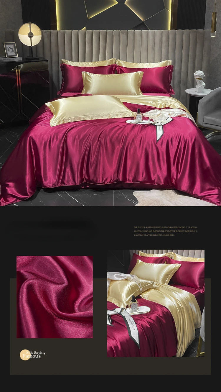 Real 100% Mulberry Silk Bedding Set with Duvet Cover Fitted/Flat Bed Sheet Pillowcase Solid Color 4pcs King Queen Twin Bed Sets