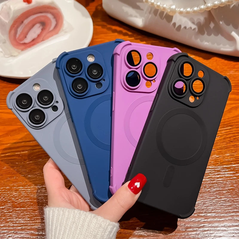 Luxury Hight End Black For Magsafe Wireless Charge Case For iPhone 16 15 14 13 12 Pro Max Soft Magnetic Lens Shockproof Cover