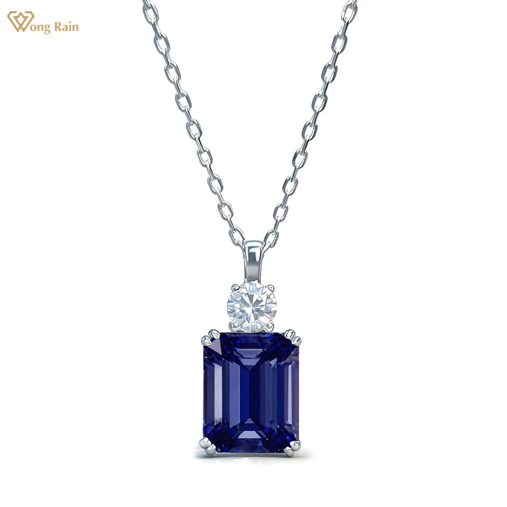 Wong Rain 925 Sterling Silver 8*10 MM Tanzanite Sapphire Ruby Citrine Emerald High Carbon Diamond Pendant Necklace Fine Jewelry