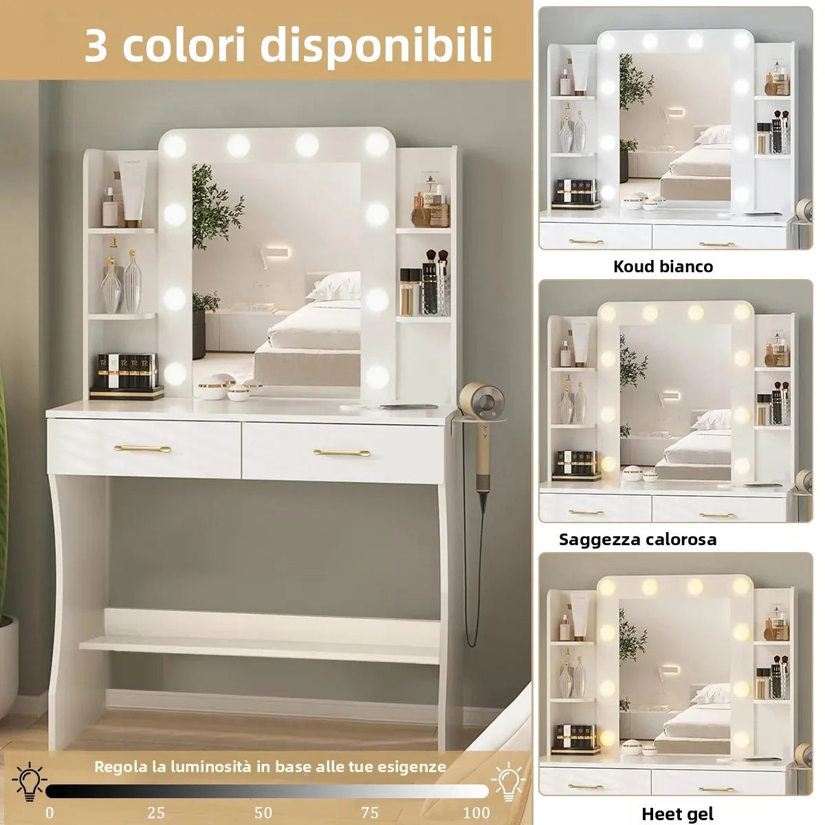 Mihtrov Level-shelves Makeup Table For Small Aparttment Adjustable Led Light Mirror Dressing Desk With Makeup Stool Detachable Vanity Desk Gift For Daughter & Friends