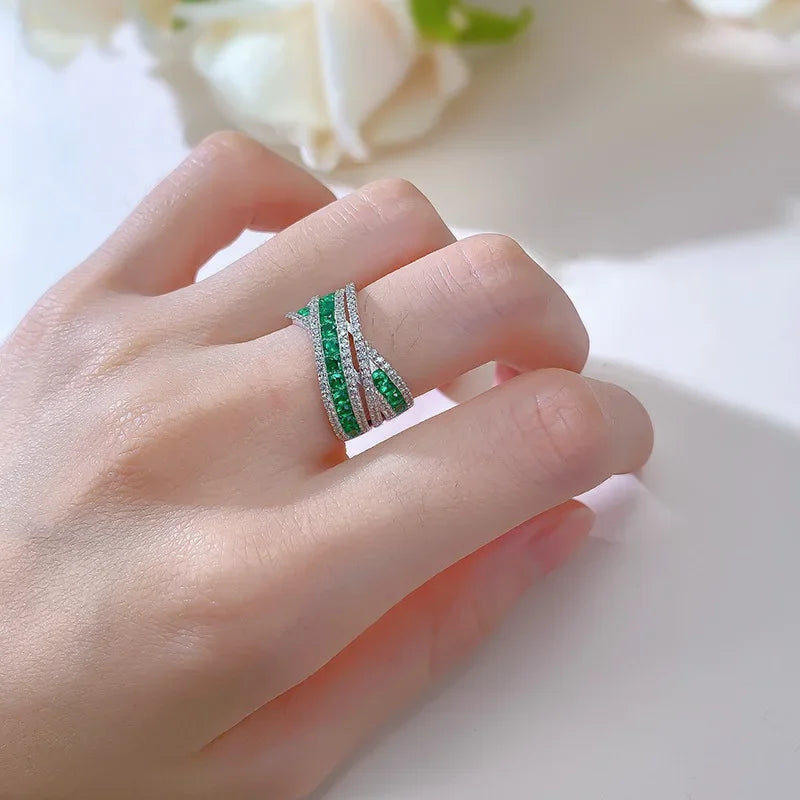 Lab Emerald Diamond Ring 100% Real 925 Sterling Silver Engagement Wedding Band Rings for Women Handmade  Bridal Jewelry