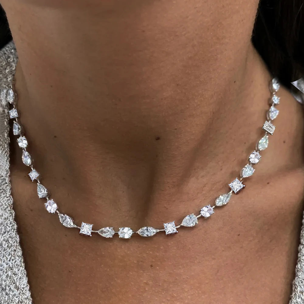 Certified Full Moissanite Necklace Choker for Women S925 Silver Round/Pear/Marquise/Asscher Cut Lab Diamomd Adjustable Neckchain