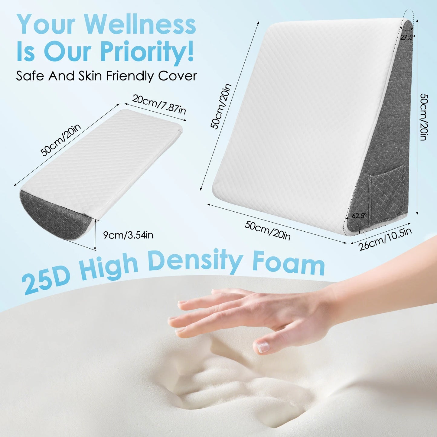 Memory foam triangular pad, Mattress, for sleep apnea,heartburn,snoring, leg height 30.5cm, back support for sitting on the bed