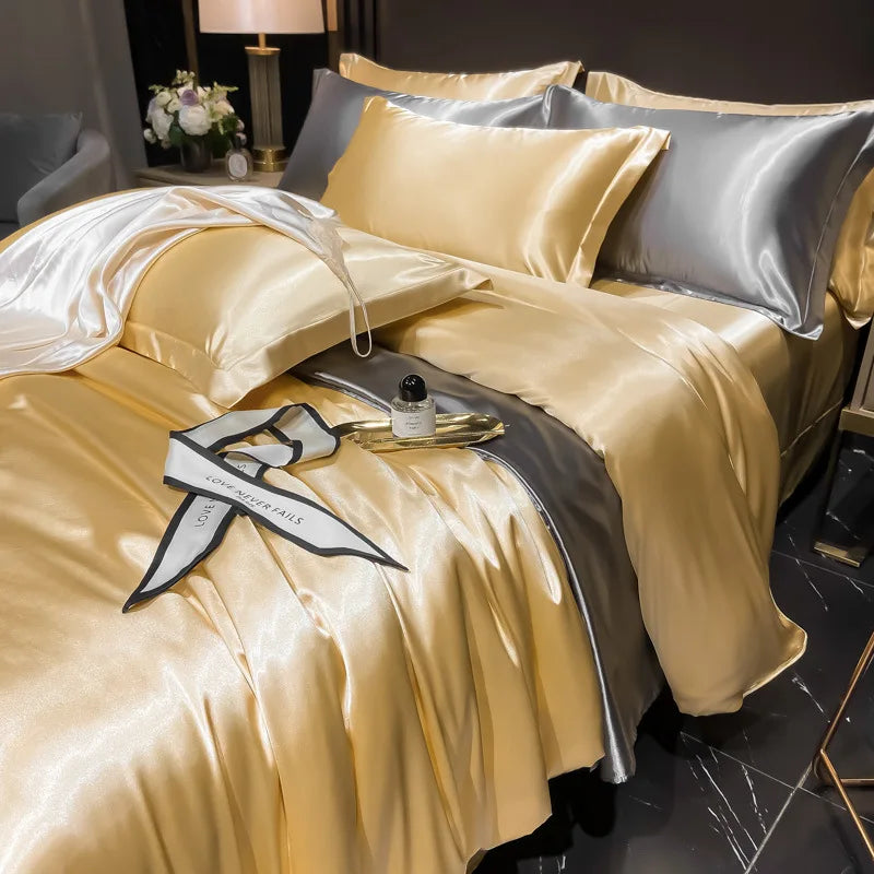 Real 100% Mulberry Silk Bedding Set with Duvet Cover Fitted/Flat Bed Sheet Pillowcase Solid Color 4pcs King Queen Twin Bed Sets