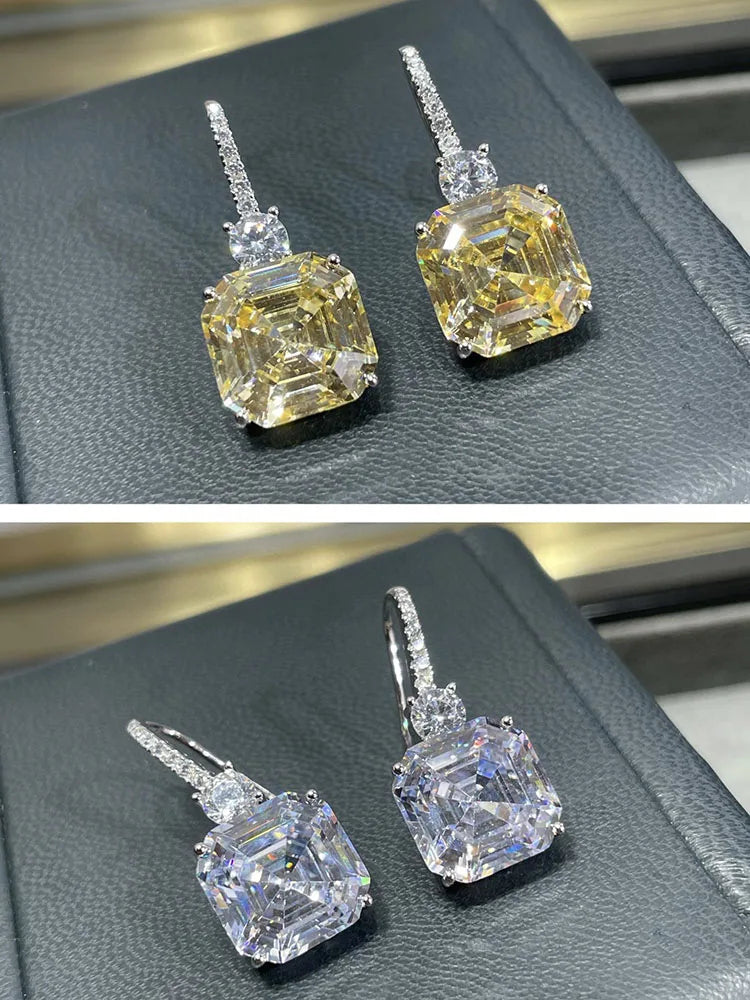ELSIEUNEE 100% 925 Strerling Silver 12*12MM Asscher Cut Sparkling Citrine High Carbon Diamond Drop Earrings for Women Party Gift