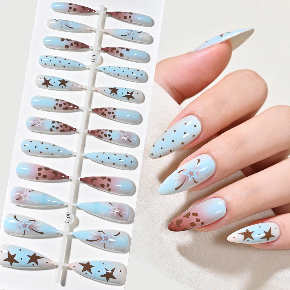 120Pcs Y2k Star Leopard Print Long Stilettos False Nails 5-Styles Pink/Blue Glossy Acrylic Press on nails Full Cover Fake Nails_