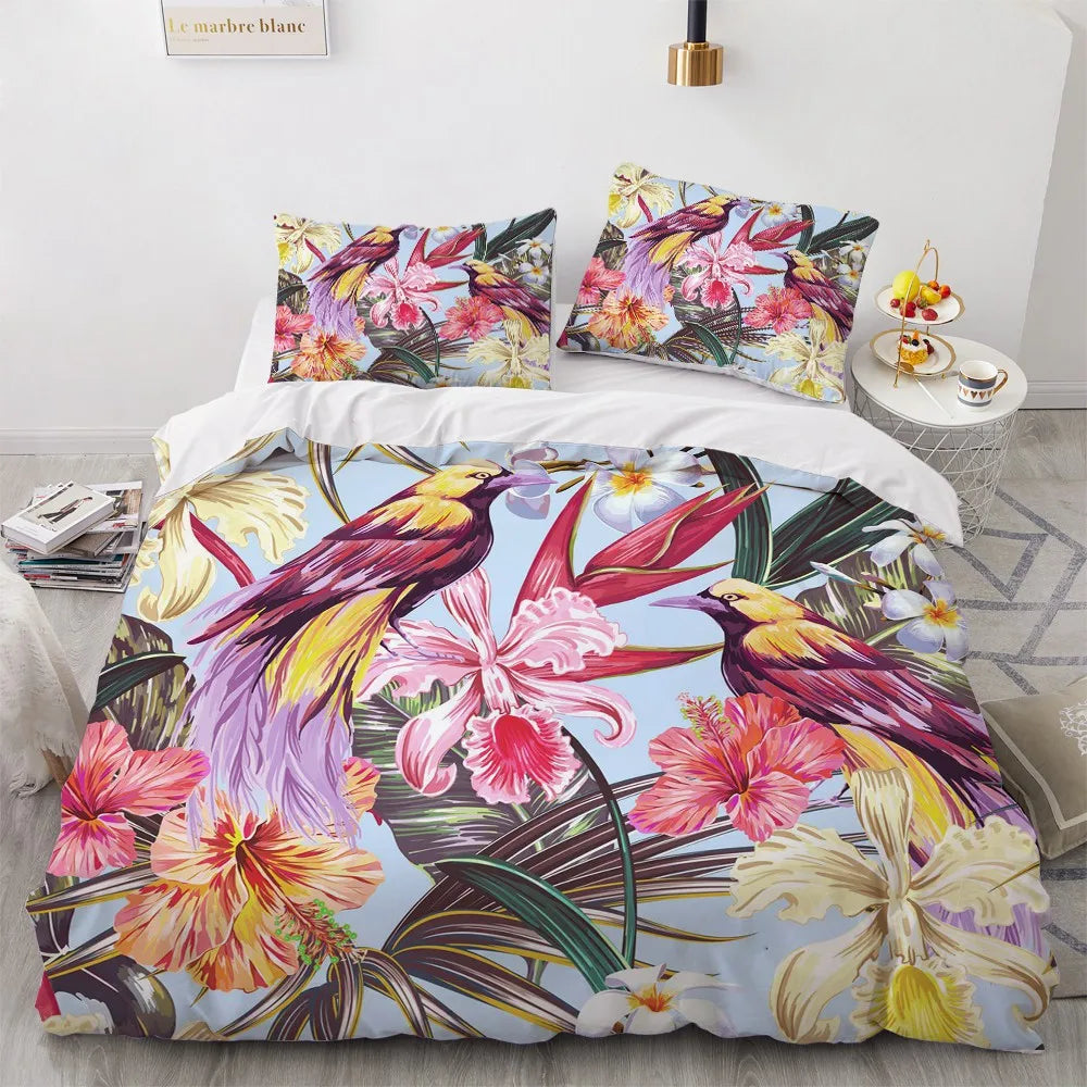 Flower Bird King Queen Duvet Cover Colorful Tropical Floral Bedding Set For Women Watercolor Plant 2/3pcs Polyester Quilt Cover