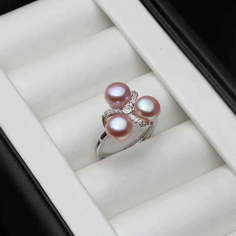 Wedding 925 Sterling Silver Pearl Ring Adjustable Woman,White Natural Freshwater Ring With Real Pearls Wife Mother Gift Black