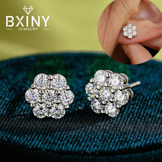 BXINY 2.5/3mm All Moissanite Flower Earrings S925 Sterling Silver Ear Studs for Women Men Party Gifts Fine Jewelry GRA Certified