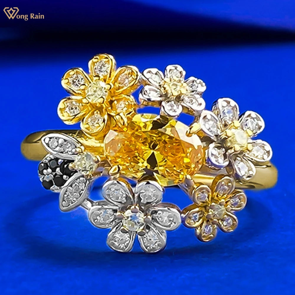 Wong Rain 925 Sterling Silver Oval Cut Citrine High Carbon Diamond Gems Flower Ring for Women Fine Jewelry Anniversary Gifts