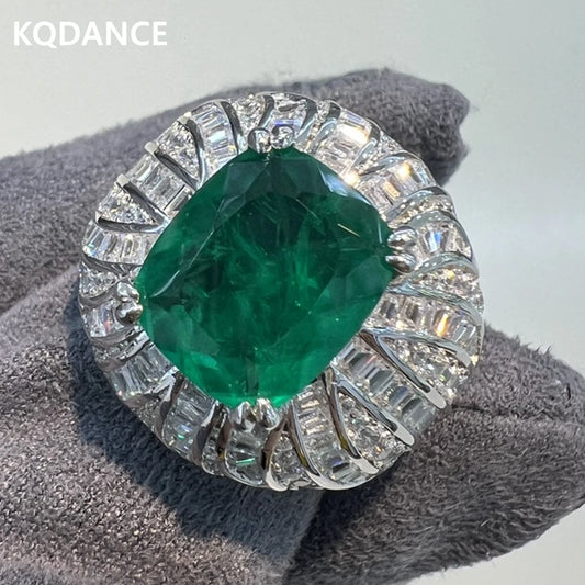 KQDANCE Luxury Solid 925 Silver with Cushion Cut 10*12mm Synthetic Green Emerald Gem Stone Rings For Women Fine Jewelry