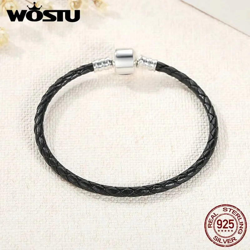 WOSTU New 100% 925 Sterling Silver & Real Black Leather Chain Charm Fit  Bracelet For Women Men Original Fine Jewelry XCHS911