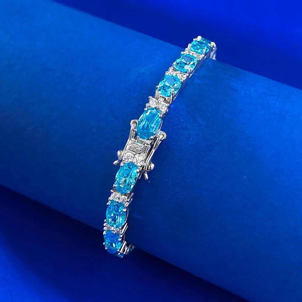 Wong Rain Classic 925 Sterling Silver Oval Cut 4*6MM Aquamarine High Carbon Diamond Gems Bracelets Bangle Fine Jewelry Wholesale