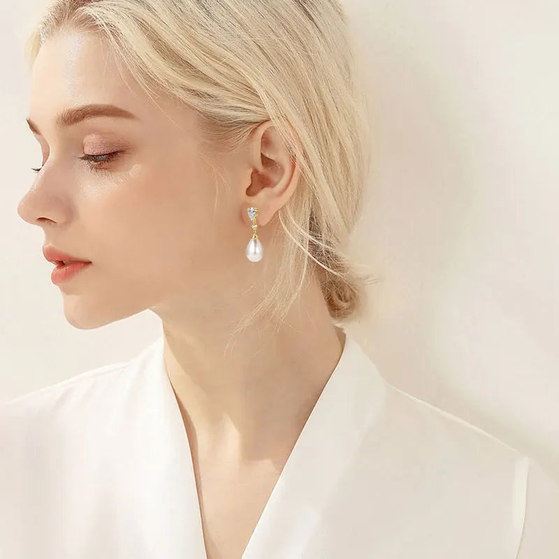 Anziw Elegant 925 Sterling Silver Earrings 13mm White Shell Pearl Drop Stud Earrings Engagement Wedding Fine Jewelry for Women