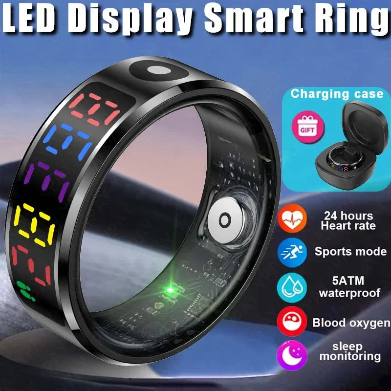 2025 Smart Ring For Men Women Heart Rate Blood Oxygen Health and Sleep Monitor Multi Sport 5ATM Waterproof Ring With LED Display