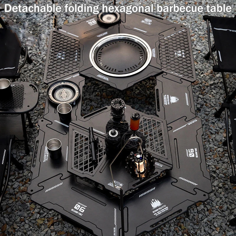 Multi-Functional Camping Table Portable 6-Sided BBQ&Tea Table, Foldable&Removable Outdoor Stove Complete Set For Outdoor Cooking