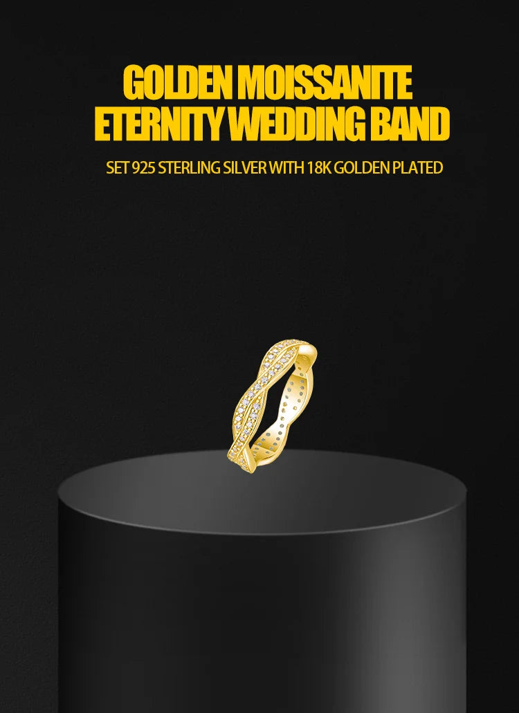 1.2mm D Color Moissanite Wavy Eternity Ring for Women, S925 Sterling Silver Gold-Plated, Hypoallergenic Design