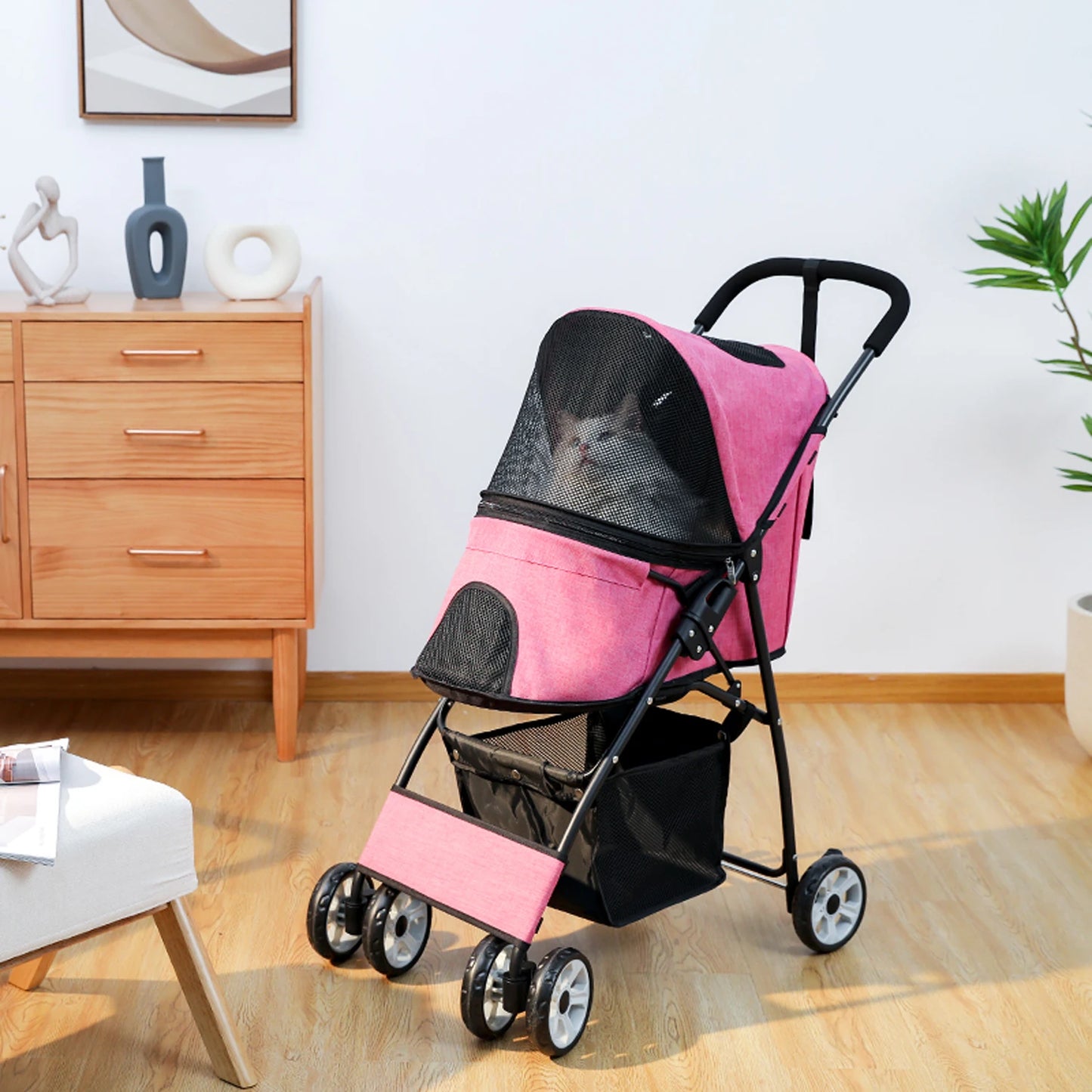 Foldable Pet Stroller 4-Wheel Dog Travel Stroller Pushchair Jogger with Storage Basket for Puppy Cat Pet Suplies Outdoor