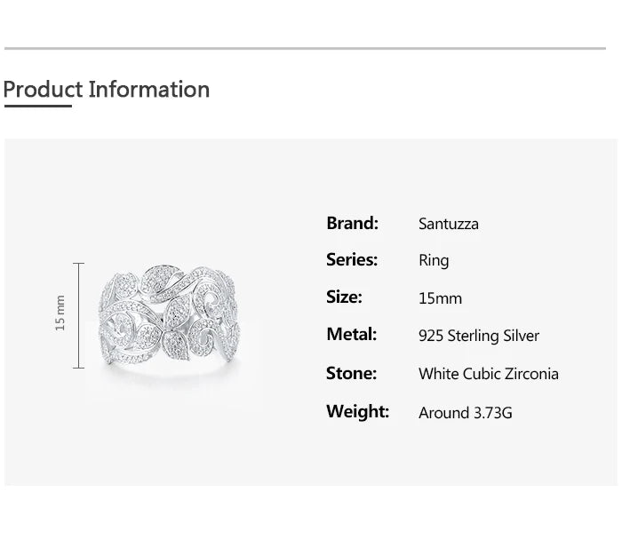 SANTUZZA Pure 925 Sterling Silver Flower Rings For Women Sparkling White Cubic Zirconia Attractive Party Elegant Fine Jewelry
