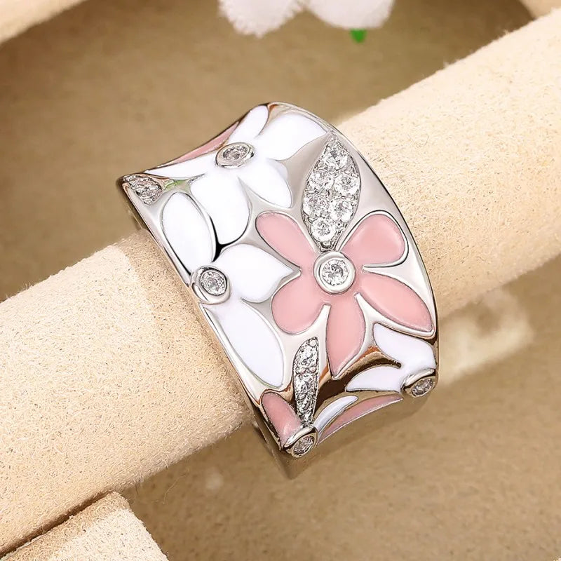 Huitan Aesthetic Enamel Flower Finger Ring for Women Wedding Party New 2023 Ring Silver Color Luxury Cubic Zirconia Jewelry Gift