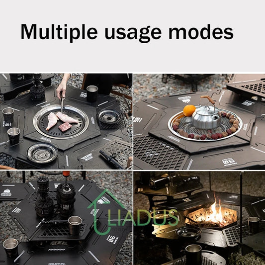 Multi-Functional Camping Table Portable 6-Sided BBQ&Tea Table, Foldable&Removable Outdoor Stove Complete Set For Outdoor Cooking
