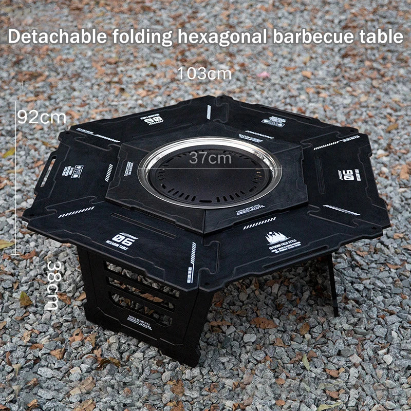 Multi-Functional Camping Table Portable 6-Sided BBQ&Tea Table, Foldable&Removable Outdoor Stove Complete Set For Outdoor Cooking