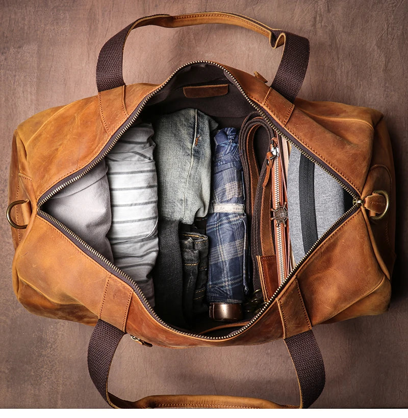 GURO Vintage Crazy Horse Cowhide Travel Bag Men's Real Leather Handbag Casual Weekend Camping Luggage Bag Daily Gym Shoulder Bag