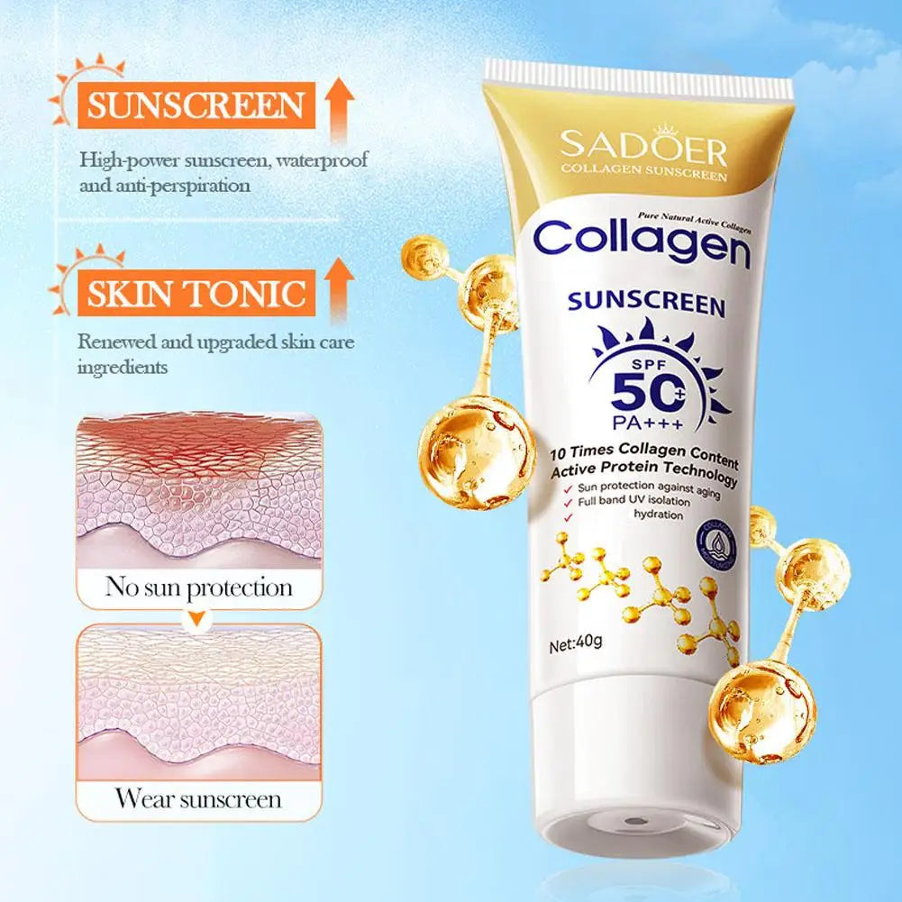 1/3PCS SADOER 40G Collagen Sunscreen Refreshing Sun Cream Spf 50 Oil Control Anti UV Anti Oxidant Facial Moisturize Sun Cream