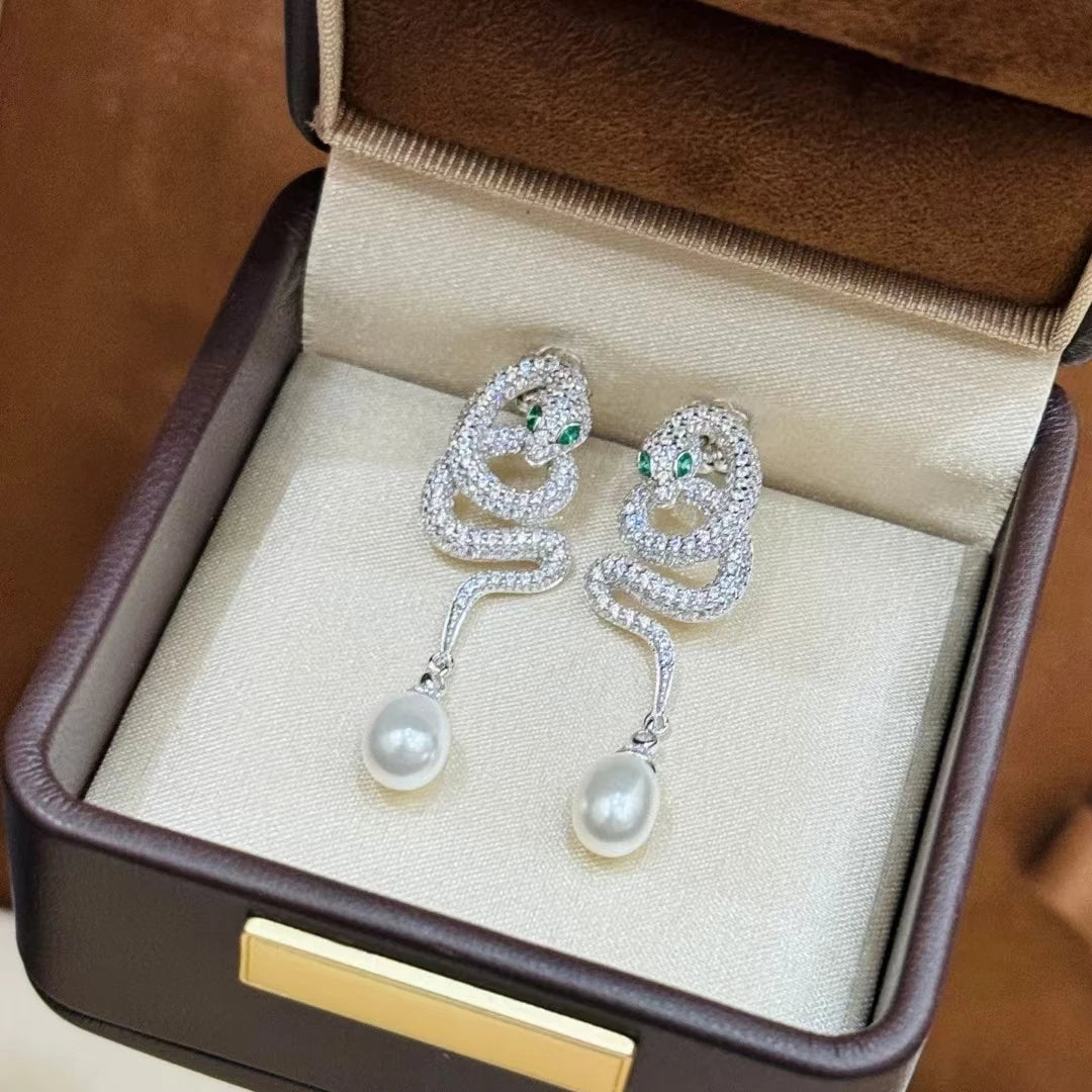 Original 925 Silver High-carbon Diamond Natural Pearl Snake Ear Drop Dangles Silver Boa Lab-grown Diamond Earring Fine Jewelry