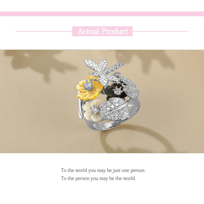 LAYA Ring For Women Black Yellow Shell Flower Shining White Zircon 100% 925 Sterling Silver  Finger Fashion Party Fine Jewelry