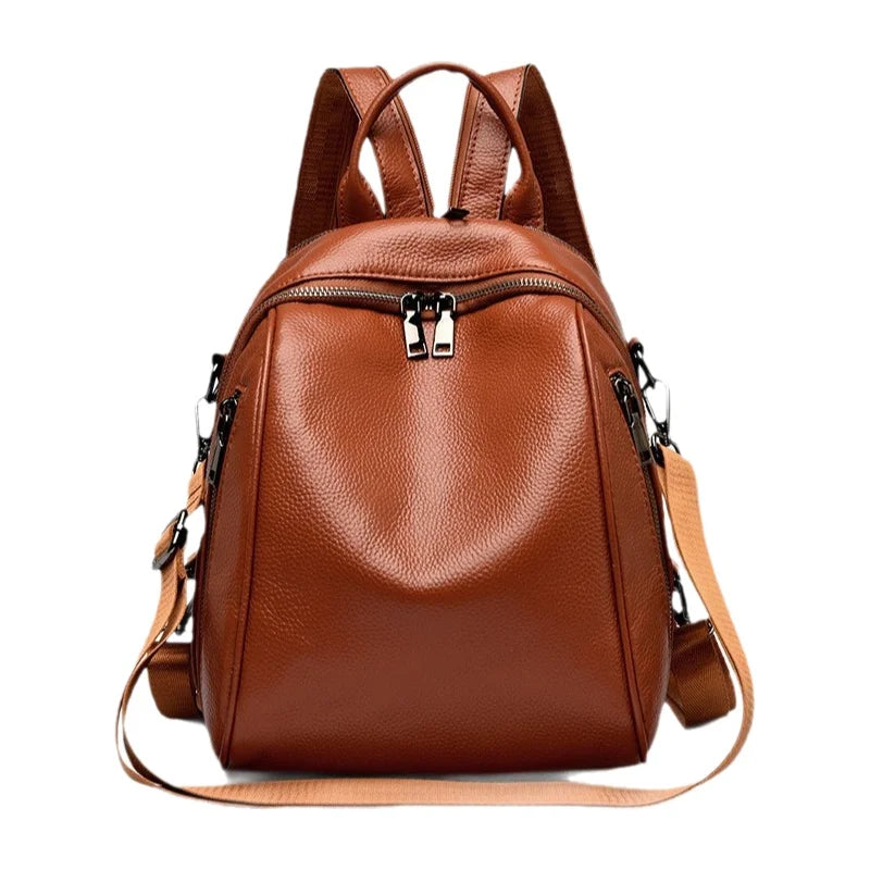 2026 New Fashionable Pure Color Leather Backpack Women's Cross-Border Travel Bag Durable Soft Cowhide Shoulder Bag for All Ages