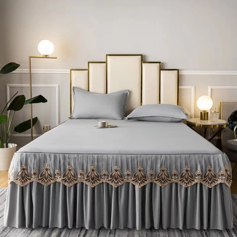 3pcs Set Raw Cotton Soft Bedspread Bed Romance Dust Protector Cover Embroidery Lace Edge Bed Skirt with 2pcs Pillowcase