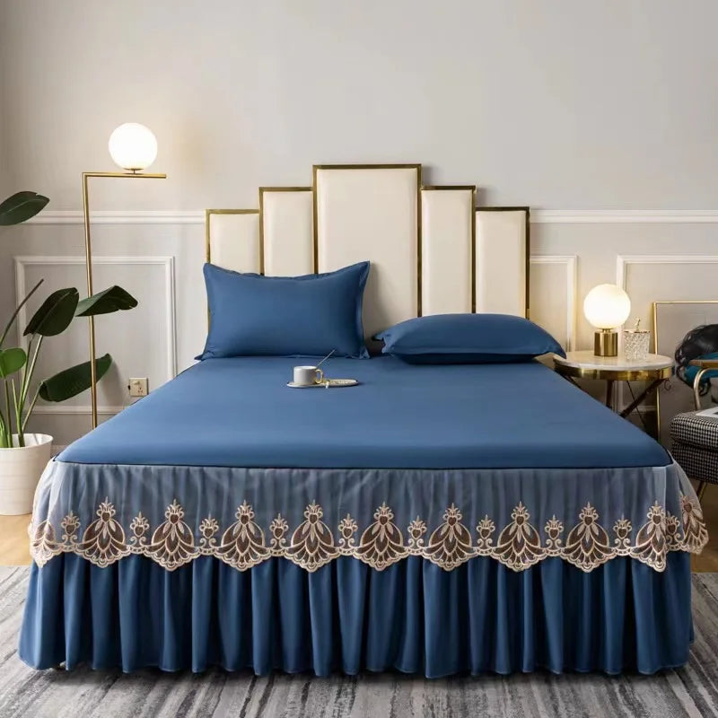 3pcs Set Raw Cotton Soft Bedspread Bed Romance Dust Protector Cover Embroidery Lace Edge Bed Skirt with 2pcs Pillowcase