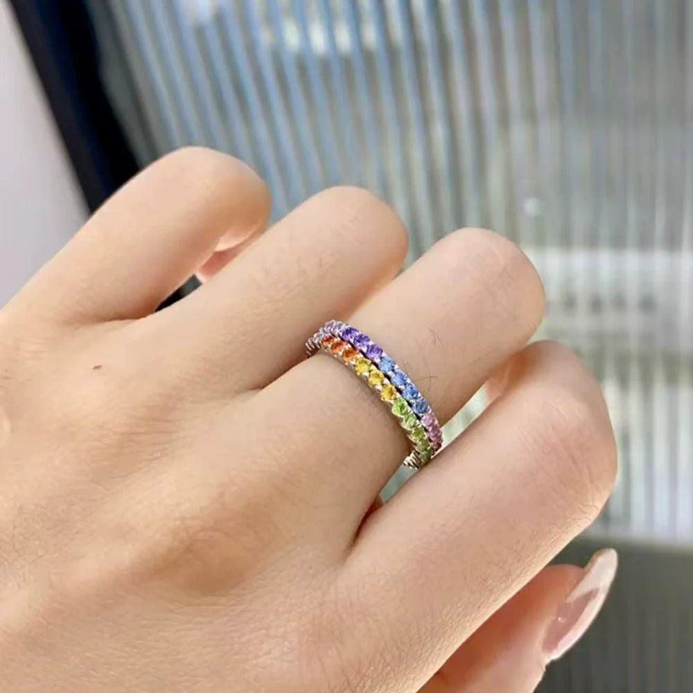 Wong Rain Solid 925 Sterling Silver Colorful  Lab Sapphire Gemstone Row Ring for Women Fine Jewelry Wedding Band Gifts Wholesale