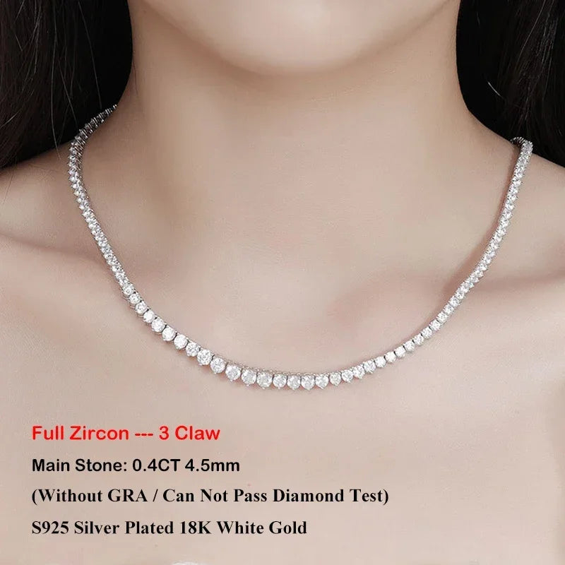 EWYA 3 Claw 0.4CT 4.5mm Gradient Full D Color Moissanite Diamond Tennis Necklace for Women 925 Silver GRA Certified Neck Chain
