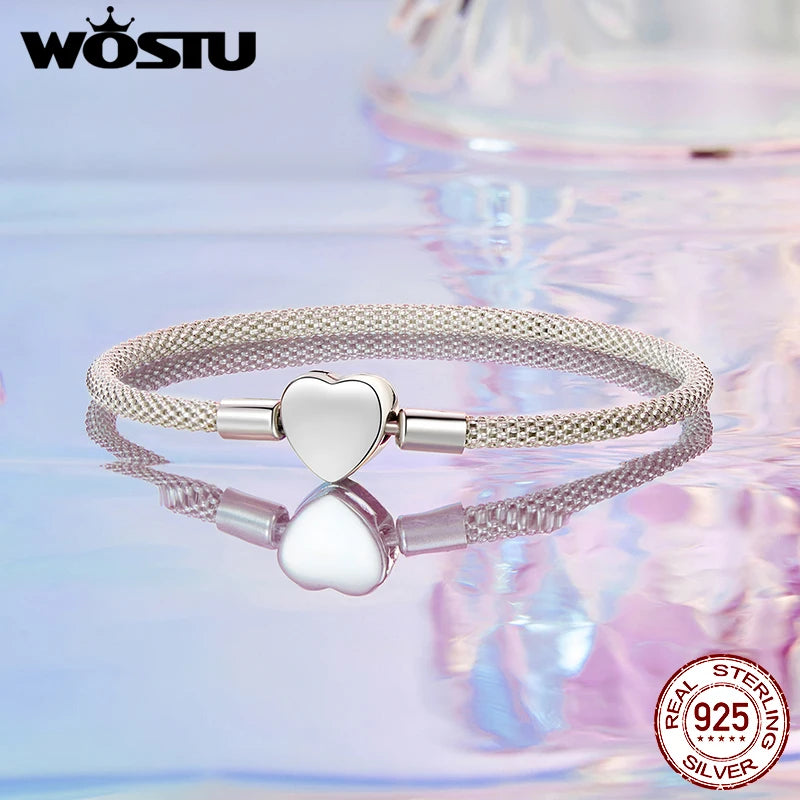 WOSTU 925 Sterling Silver Vintage Rose Flower Love Heart Bangle Bracelet Fit DIY Bracelets Women Valentine Mother's Day Gift