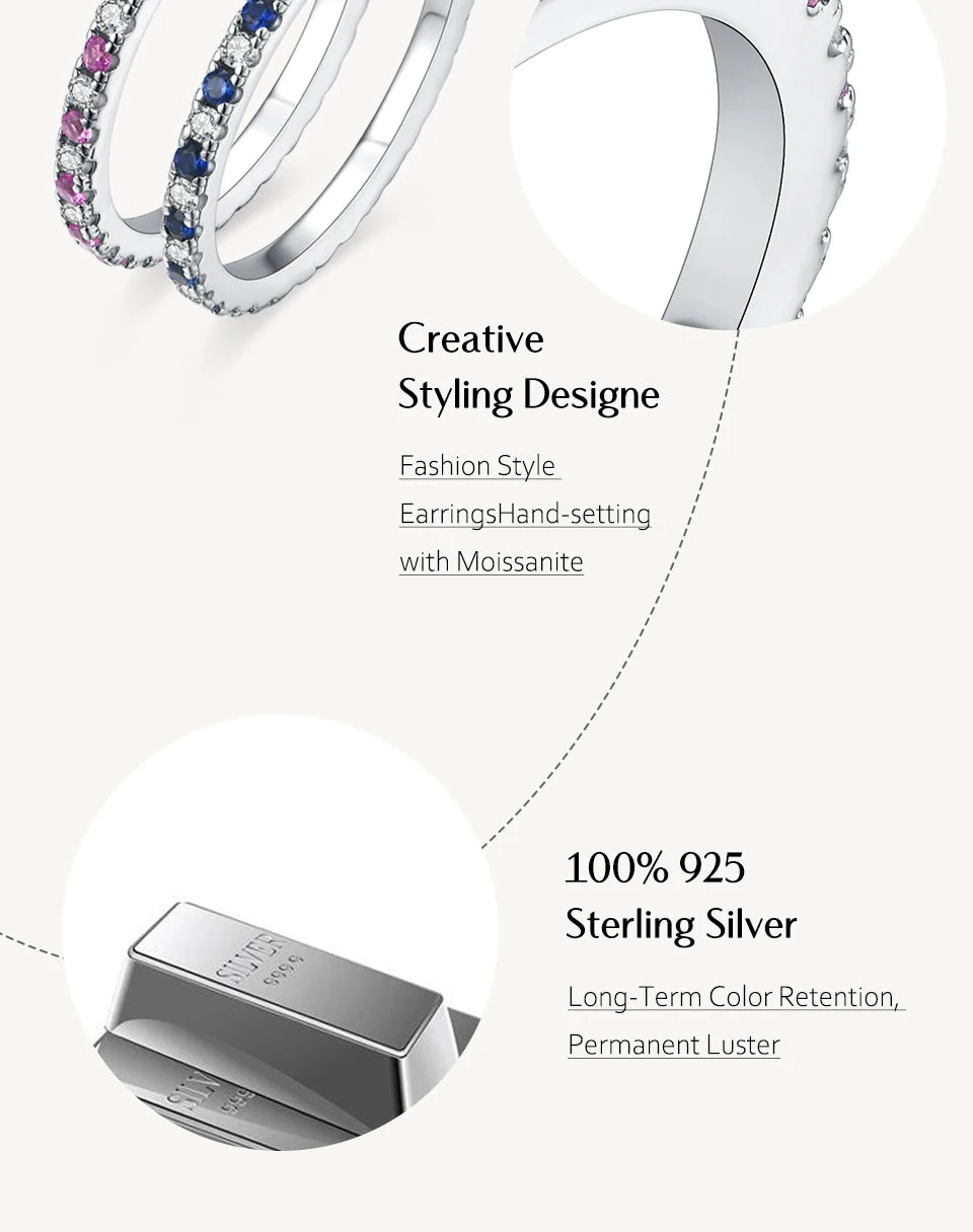 ATTAGEMS 2023 Round Moissanite Ring Real S925 Silver Stackable Rings for Women Pink and Blue Saphire Wedding Band Fine Jewelry