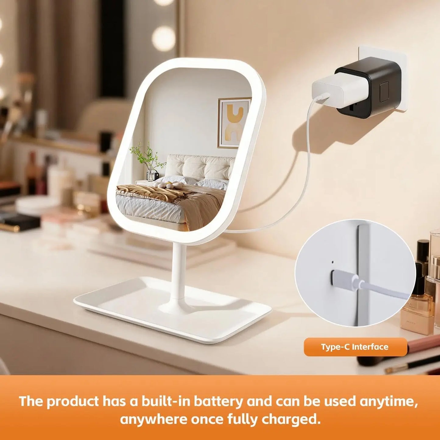Vanity Makeup Mirror with Light, 3 Lights Color Portable Compact Travel Cosmetic Mirror Gifts Rechargeable Rotation Adjustment