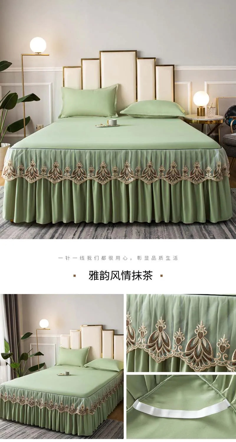 3pcs Set Raw Cotton Soft Bedspread Bed Romance Dust Protector Cover Embroidery Lace Edge Bed Skirt with 2pcs Pillowcase