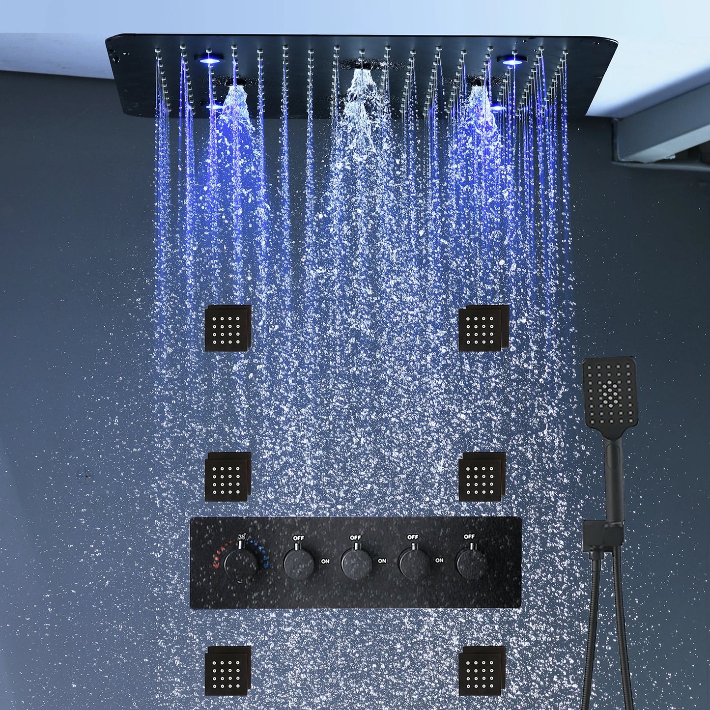 Bathroom 20inch 50x50cm Shower Head Panel Faucet Rain Mist Laterfal Jets Thermostatic Valve Mixer System SPA Massage Set