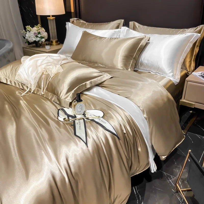 Real 100% Mulberry Silk Bedding Set with Duvet Cover Fitted/Flat Bed Sheet Pillowcase Solid Color 4pcs King Queen Twin Bed Sets