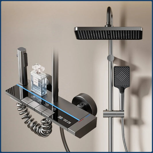 Bathroom Piano Key 4 Ways Water Outlet Luxury Shower Set LED Light Smart Temperature Display Rainlfall Shower Faucet System