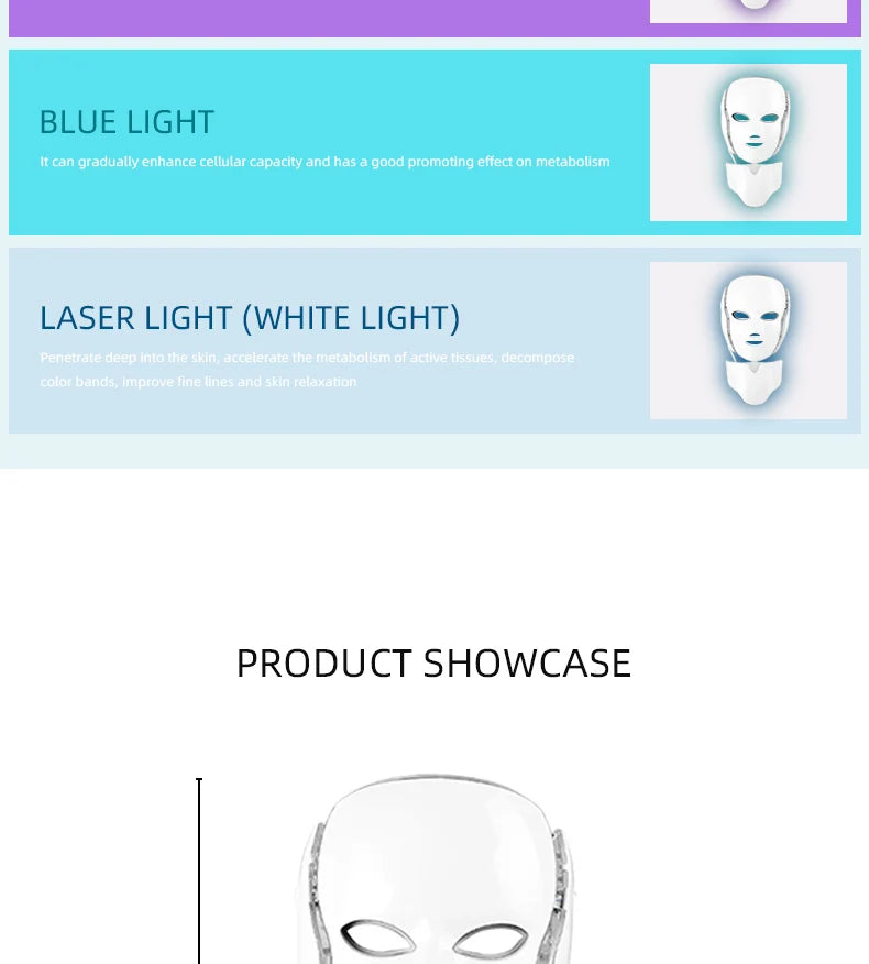 7 Color LED Photon Face Mask Skin Rejuvenation Anti-Aging Neck Beauty Instrument for Acne, Wrinkles & Skin Tightening