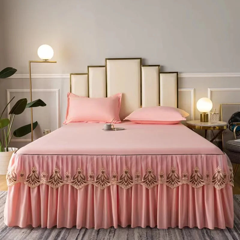 3pcs Set Raw Cotton Soft Bedspread Bed Romance Dust Protector Cover Embroidery Lace Edge Bed Skirt with 2pcs Pillowcase