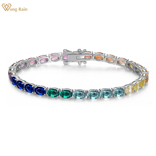 Wong Rain Solid 925 Sterling Silver Oval Cut 4*6 MM Lab Sapphire High Carbon Diamond Gems Colorful Bracelets Bangle Fine Jewelry