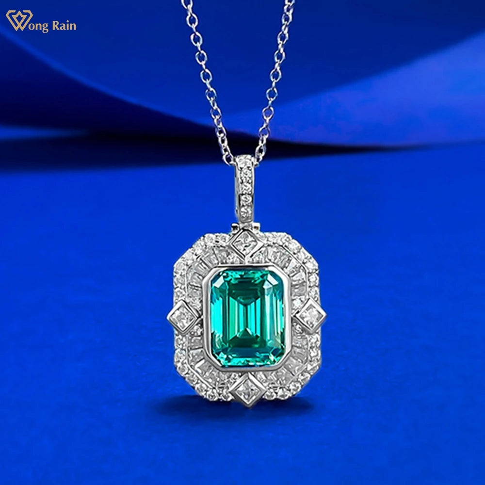 Wong Rain Vintage 925 Sterling Silver Asscher Cut 8*10 MM Paraiba Tourmaline High Carbon Diamonds Pendant Necklace Fine Jewelry