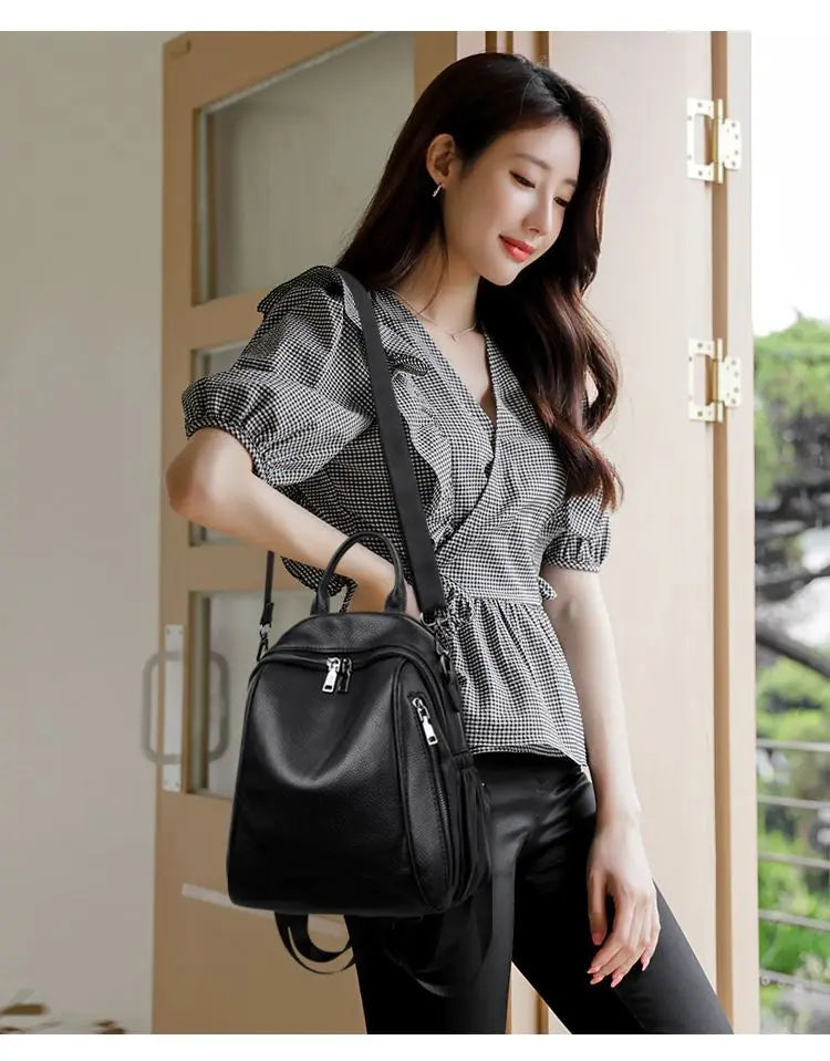 2026 New Fashionable Pure Color Leather Backpack Women's Cross-Border Travel Bag Durable Soft Cowhide Shoulder Bag for All Ages