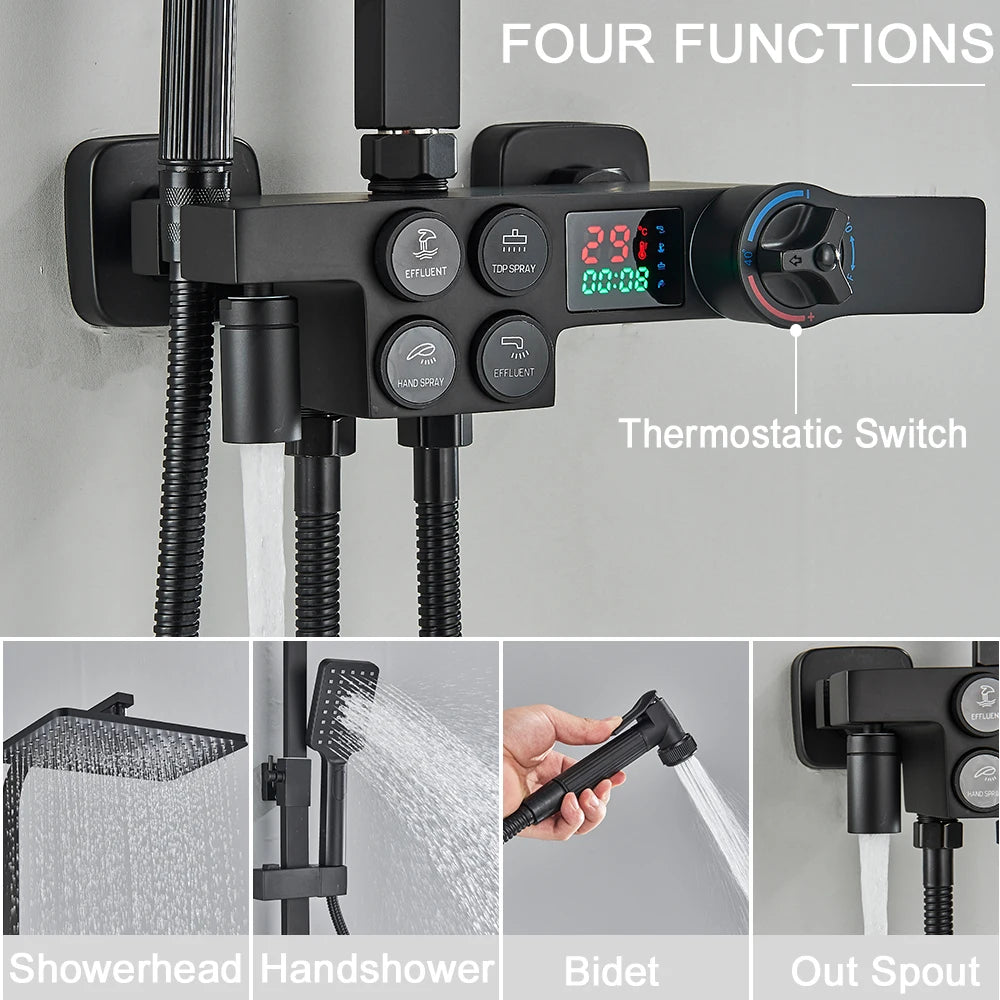 Black Thermostatic LCD Shower Faucet Set Temperature Display Rainfall Bathtub Tap With Bathroom Shelf Electricity By Water