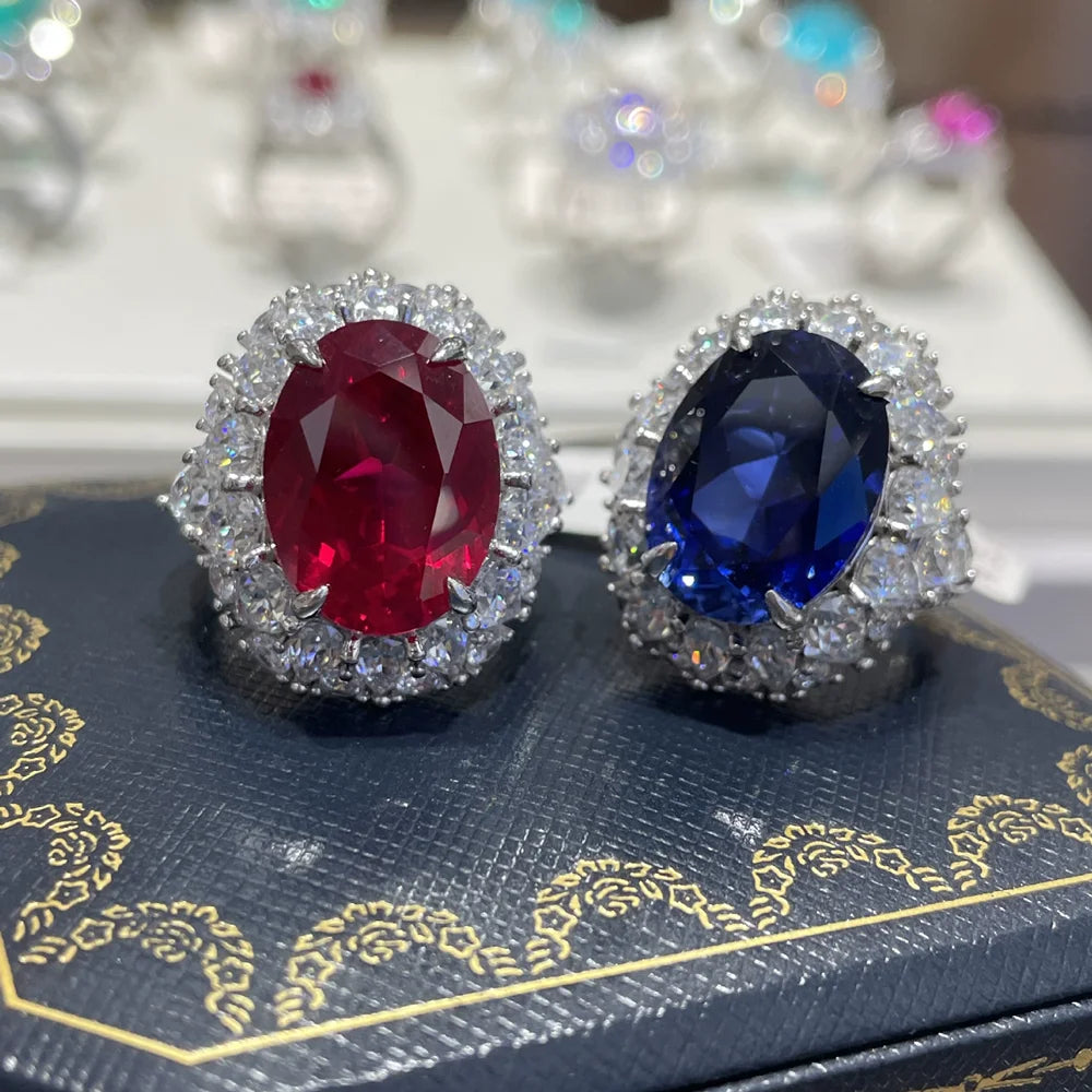 Vinregem 12CT Oval Cut Sapphire Ruby High Carbon Diamond Gemstone 925 Sterling Silver Women Rings Engagement Fine Jewelry Gifts