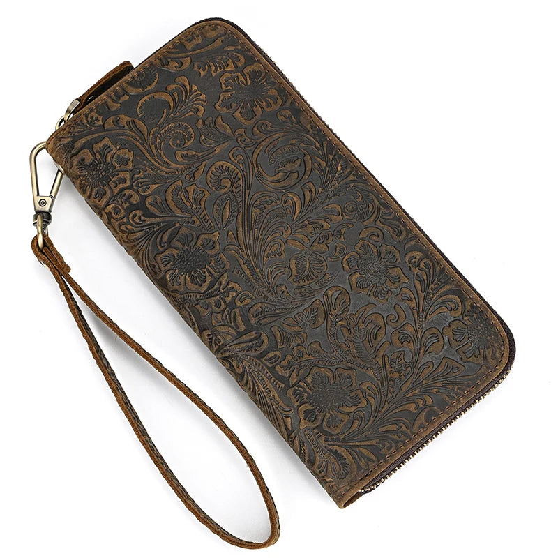 Men's crazy horse Leather long wallet Zip around genuine leather wallet Phone case purse with coin pocket 4 interlayer pocket